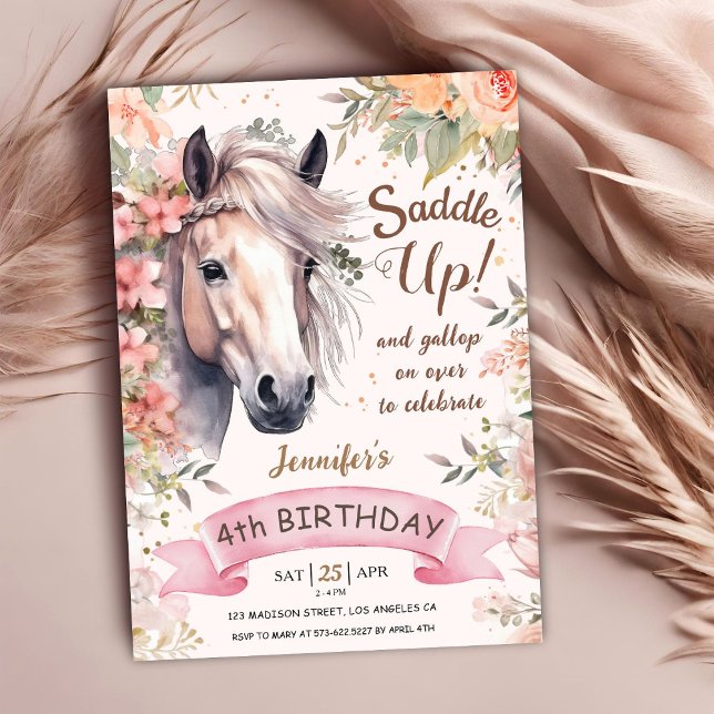 Invitación Caballo 4º Chica de Cumpleaños Caballo Floral Silv (Subido por el creador)