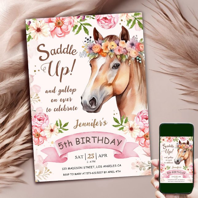 Invitación Caballo 5º cumpleaños Flores de rosa rosadas alzan (Subido por el creador)