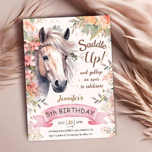 Invitación Caballo 5 Chica de cumpleaños montura floral silve
