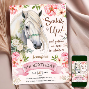 Invitación Caballo 6 Chica de cumpleaños Flores rosas montada