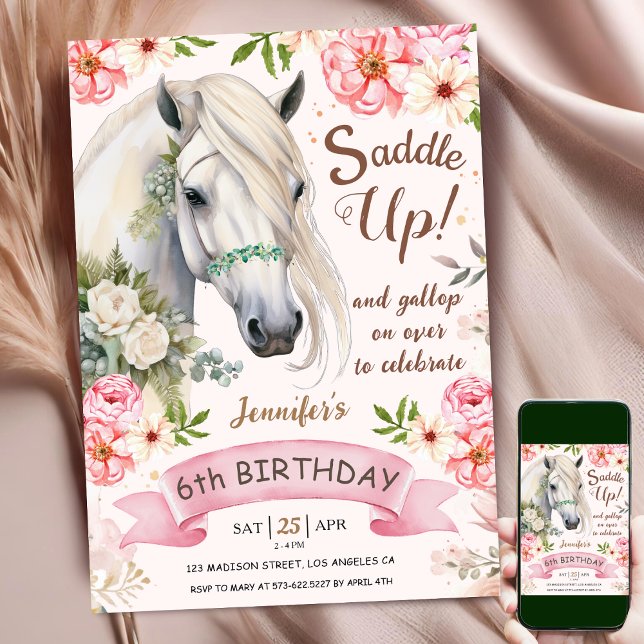 Invitación Caballo 6 Chica de cumpleaños Flores rosas montada (Subido por el creador)