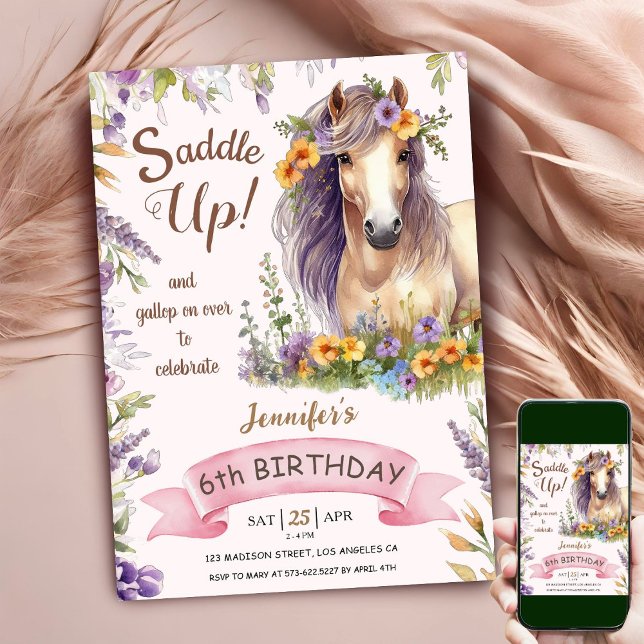Invitación Caballo 6 Chica de cumpleaños montura morada flora (Subido por el creador)
