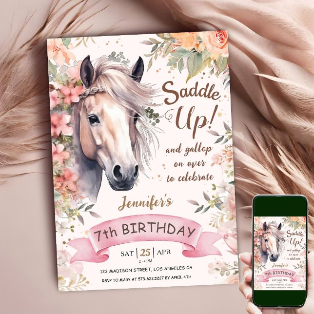 Invitación Caballo 7 Chica de cumpleaños montura floral silve (Subido por el creador)