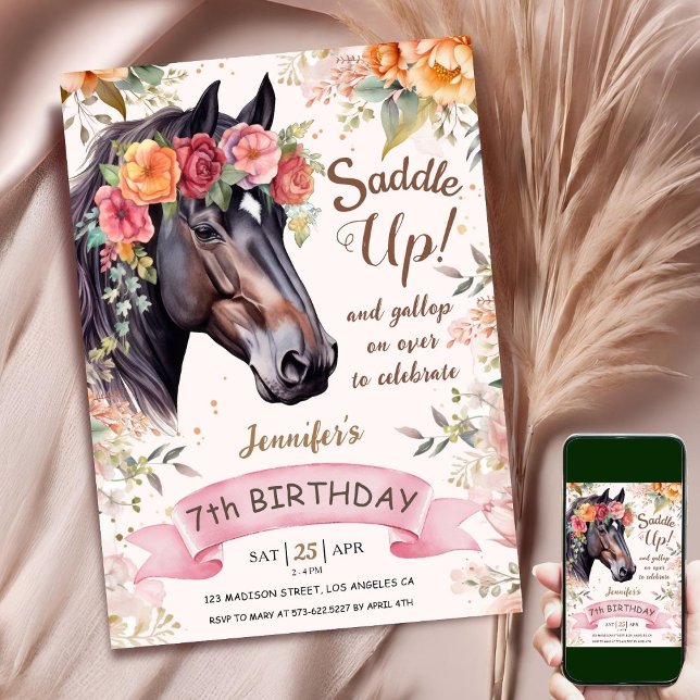 Invitación Caballo 7. Noche de cumpleaños Caballo Floral Rosa (Subido por el creador)
