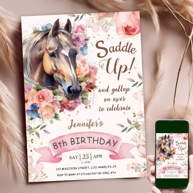 Invitación Caballo 8 Cumpleaños Chica Floral Rosa Sube la sil (Subido por el creador)