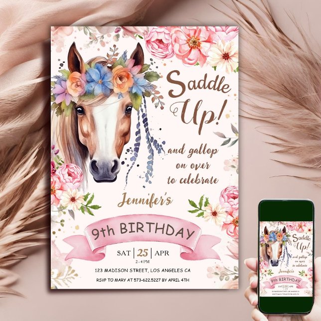 Invitación Caballo 9 cumpleaños Boho Flores rosadas montadas  (Subido por el creador)