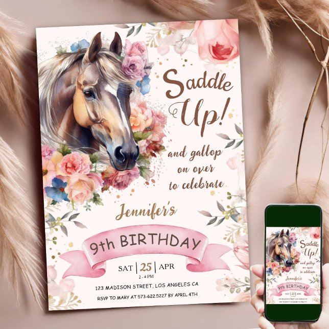 Invitación Caballo 9 Cumpleaños Chica Floral Rosa Sube la sil (Subido por el creador)