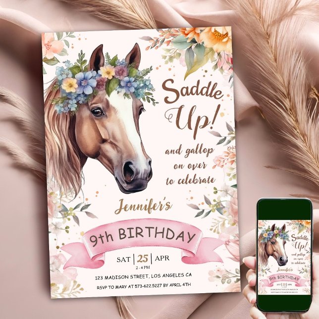 Invitación Caballo 9 de cumpleaños CowGirl silla floral arrib (Subido por el creador)