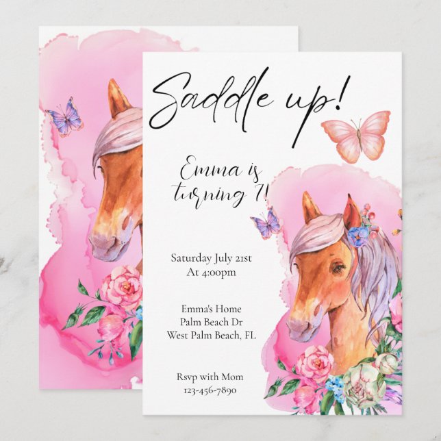 Invitación Caballo Aquarela Ecuestre Minimalista Floral (Anverso / Reverso)
