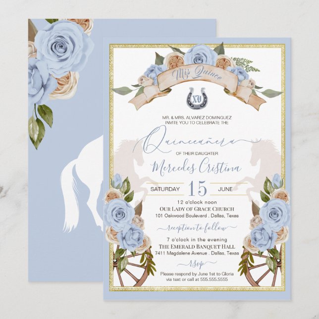 Invitación Caballo azul claro de Charro Occidental Quinceaner (Anverso / Reverso)