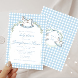 Invitación Caballo azul giratorio gingham boho baby boy ducha
