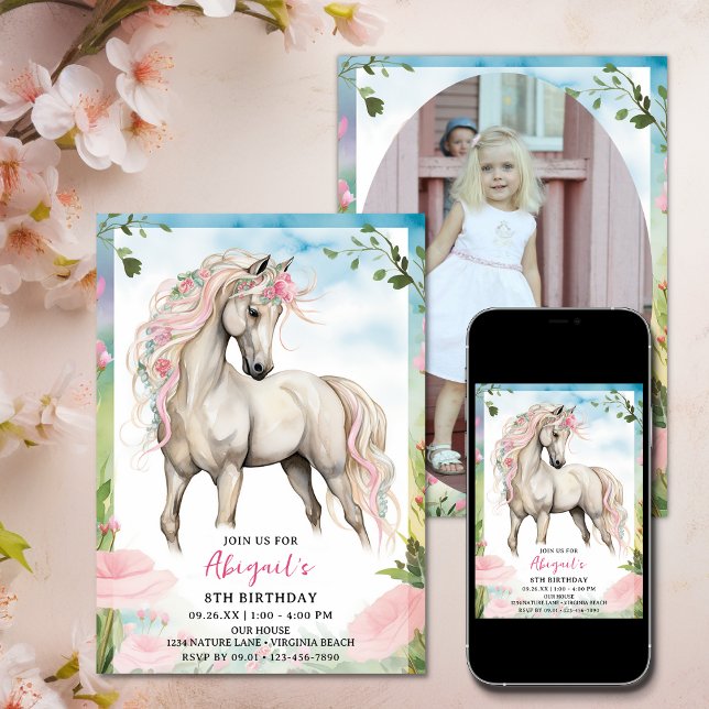 Invitación Caballo blanco bonito y flores rosas foto cumpleañ (Pretty White Horse and Pink Flowers Photo Birthday Invitation)