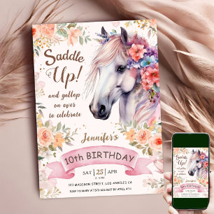Invitación Caballo Blanco Cumpleaños 10 Floral Chica Ensillar