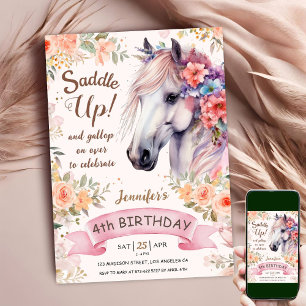 Invitación Caballo Blanco Cumpleaños 4 Floral Niña Ensillar