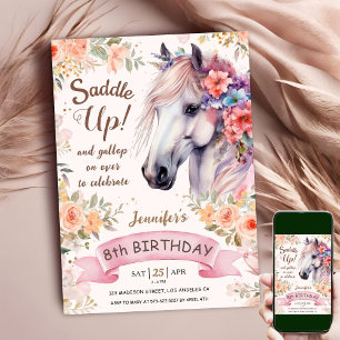 Invitación Caballo Blanco Cumpleaños 8 Silla de montar Floral