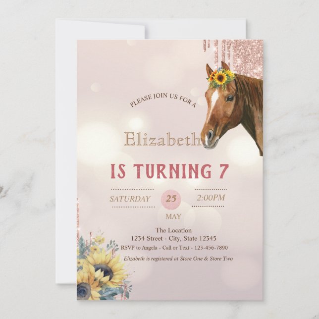 Invitación Caballo Bonito Brillo de Flores de Girasoles Cumpl (Anverso)