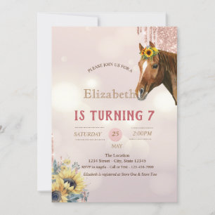 Invitación Caballo Bonito Brillo de Flores de Girasoles Cumpl