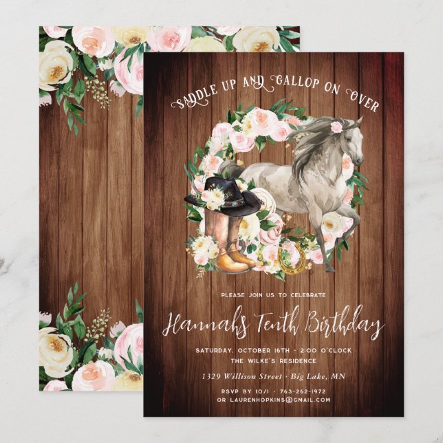 Invitación Caballo Bonito y Flores en Cumpleaños de Madera Rú (Anverso / Reverso)