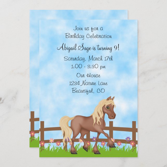 Invitación Caballo, cerca y flores marrones bonito Cumpleaños (Anverso / Reverso)