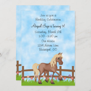 Invitación Caballo, cerca y flores marrones bonito Cumpleaños