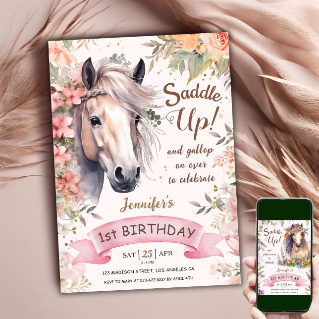 Invitación Caballo Chica de cumpleaños Floral Wild Saddle Up! (Subido por el creador)