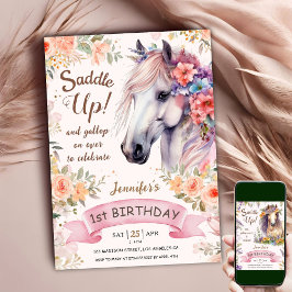 Invitación Caballo Chica de Cumpleaños Flores Rosa ¡Ensillar!