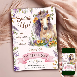 Invitación Caballo Cumpleaños 1ª Niña Morado Floral Silla Arr