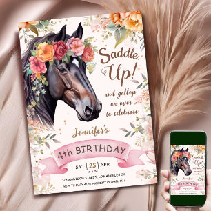 Invitación Caballo Cumpleaños 4 Cowgirl Rosa Floral Silla Arr