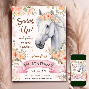 Invitación Caballo Cumpleaños 4 Niña Flores Rosadas Silla Arr