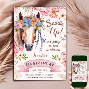 Invitación Caballo Cumpleaños 7 Niña Boho Flores Silla Arriba