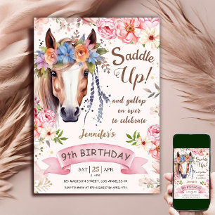 Invitación Caballo Cumpleaños 9 Boho Flores Rosas Silla Arrib