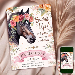 Invitación Caballo Cumpleaños 9 Cowgirl Rosa Floral Silla Arr