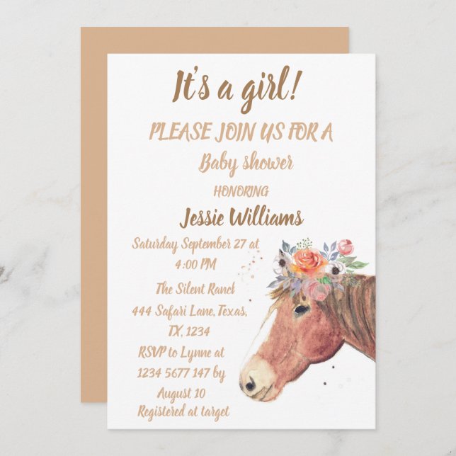 Invitación Caballo Cute Boho Ranch Baby Girl Western Floral (Anverso / Reverso)