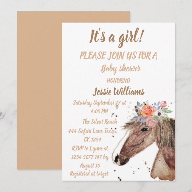 Invitación Caballo Cute Boho Ranch Baby Girl Western Floral (Anverso / Reverso)