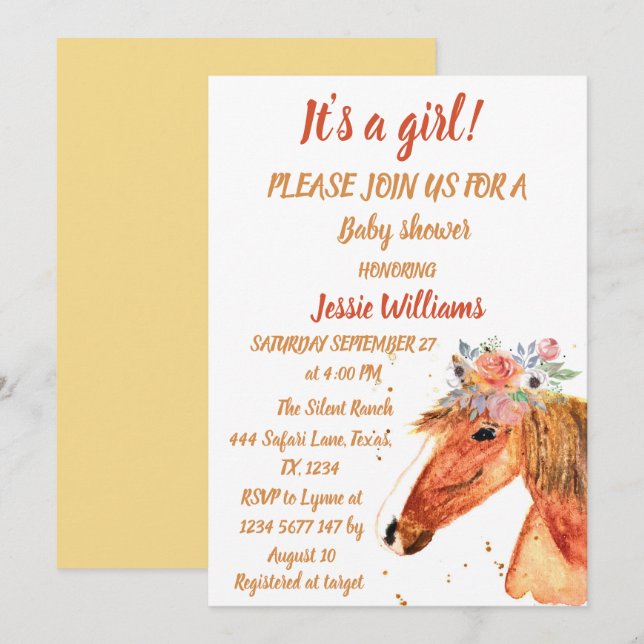 Invitación Caballo Cute Boho Ranch Baby Girl Western Floral (Anverso / Reverso)