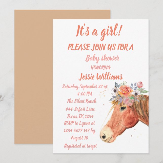 Invitación Caballo Cute Boho Ranch Baby Girl Western Floral (Anverso / Reverso)