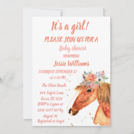 Invitación Caballo Cute Boho Ranch Baby Girl Western Floral