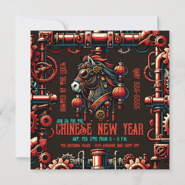 Invitación Caballo de Año Nuevo Chino Steampunk (Anverso)