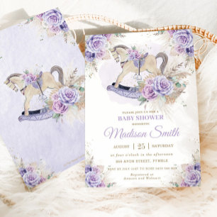 Invitación Caballo de balancín bebé floral púrpura Boho Pampa