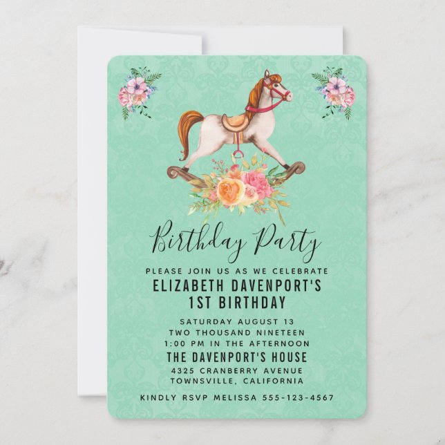 Invitación Caballo de Balanço Antiguo con Cumpleaños de Ramo  (Anverso)