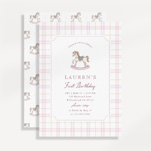 Invitación Caballo de Balanço Rosa Prep Primero Cumpleaños
