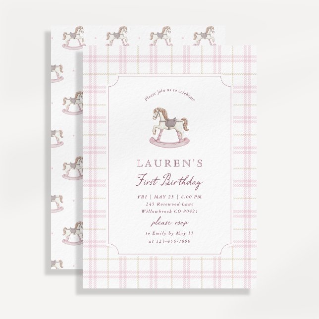 Invitación Caballo de Balanço Rosa Prep Primero Cumpleaños  (Subido por el creador)