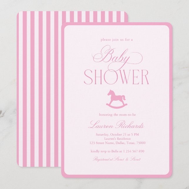Invitación Caballo de Balanza Antiguo Raya Rosa Cumpleaños de (Anverso / Reverso)