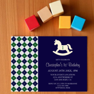 Invitación Caballo de Balanza Preppy Argyle Cumpleaños 1