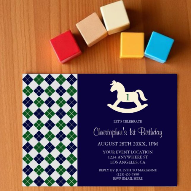Invitación Caballo de Balanza Preppy Argyle Cumpleaños 1 (Subido por el creador)
