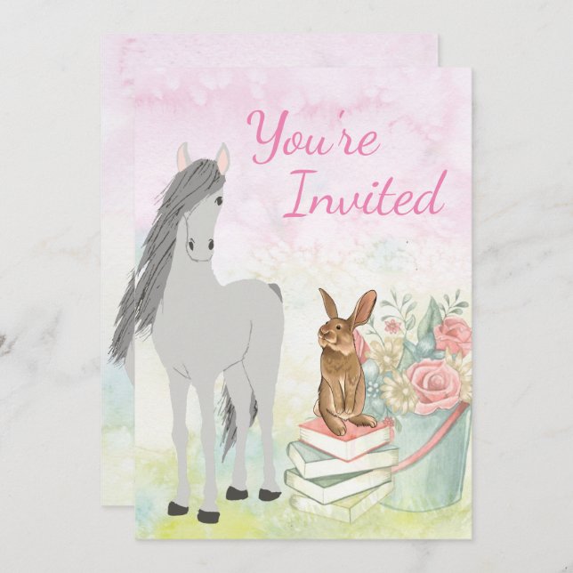 Invitación Caballo de bonito, conejo, flores y libros Cumplea (Anverso / Reverso)