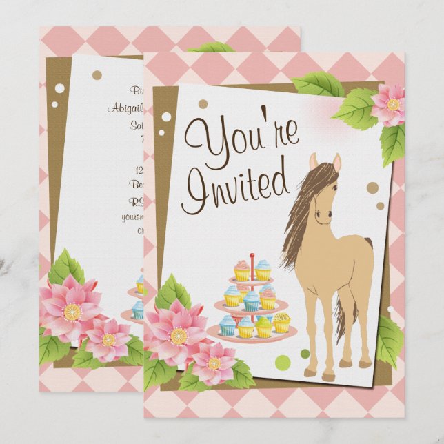 Invitación Caballo de bonito, flores rosadas y pasteles Cumpl (Anverso / Reverso)