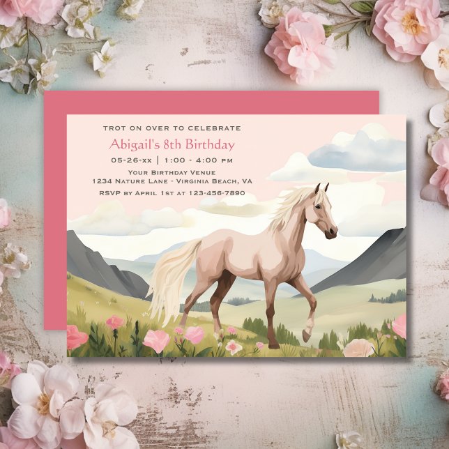 Invitación Caballo de bonito, flores y montañas Cumpleaños (Pretty Horse, Flowers and Mountains Birthday Invitation)