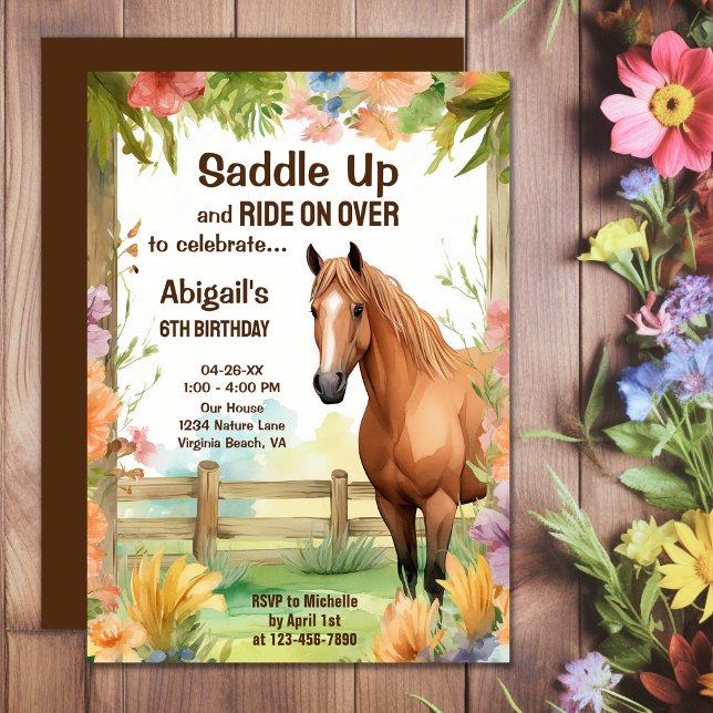 Invitación Caballo de Bonito y flores Cumpleaños (Saddle Up Pretty Horse and Flowers Birthday Invitation)