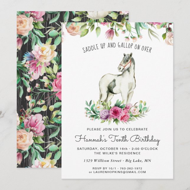Invitación Caballo de bonito y flores | Cumpleaños de la Made (Anverso / Reverso)